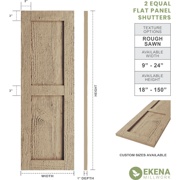 Rustic Two Equal Panel Flat Panel Rough Sawn Faux Wood Shutters (Per Pair), Primed Tan, 15W X 50H